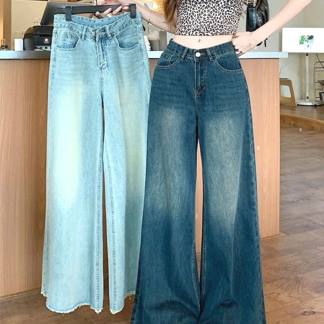 ワイド フレア ハイウエスト デニム パンツ 美脚効果 脚長効果 細見え ウォッシュ加工 夏 水色 レディース｜プチプラショップYAGAMI店