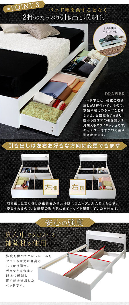 ベッドフレーム収納付きベッドセミダブルベットベッドお洒落ベットセミダブルサイズ棚コンセント付き収納ベッドセミダブル収納宮付き引き出し付ベッドホワイトブラック引き出し付【rues】ベッド