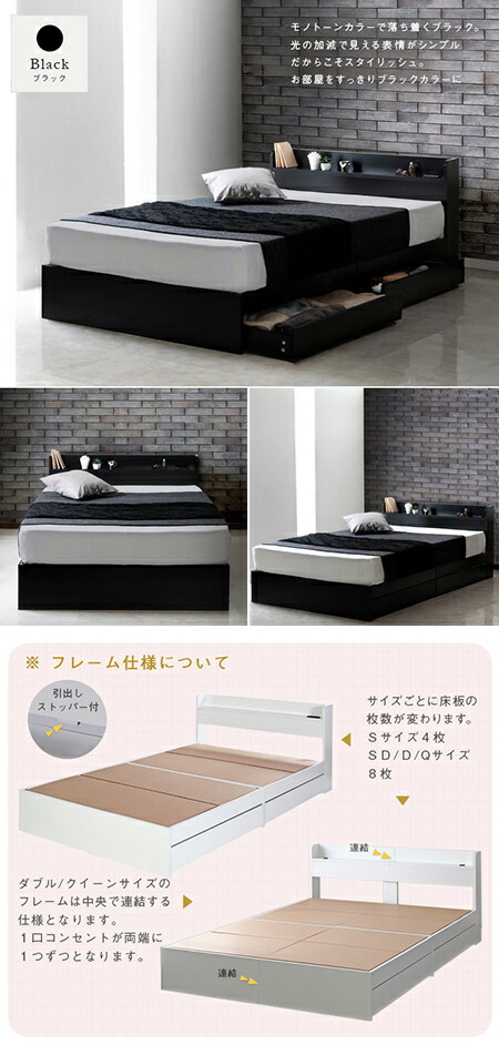 ベッドフレーム収納付きベッドセミダブルベットベッドお洒落ベットセミダブルサイズ棚コンセント付き収納ベッドセミダブル収納宮付き引き出し付ベッドホワイトブラック引き出し付【rues】ベッド