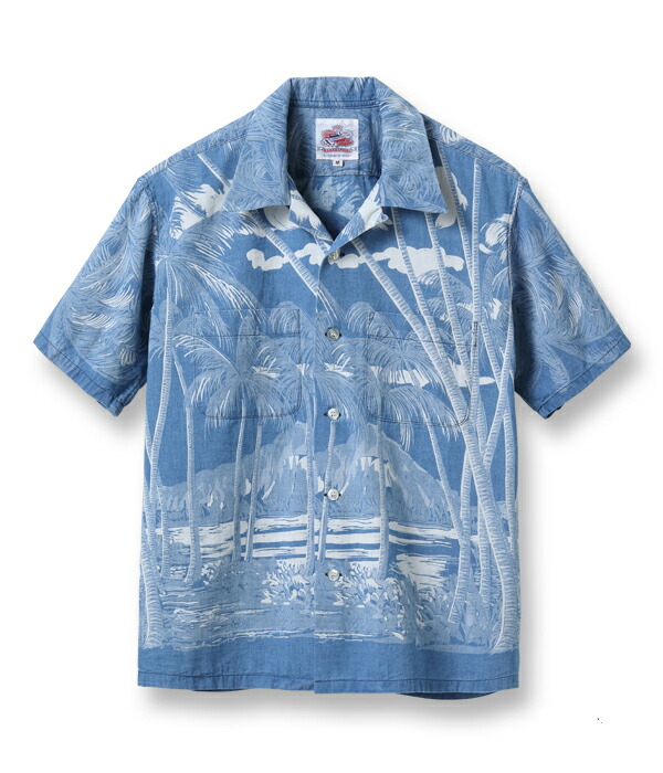 DK39046 / DUKE KAHANAMOKU INDIGO COTTON HAWAIIAN SHIRT “COCONUT PALM \u0026 DIAMONDHEAD” 青色 カジュアルシャツ-トップス