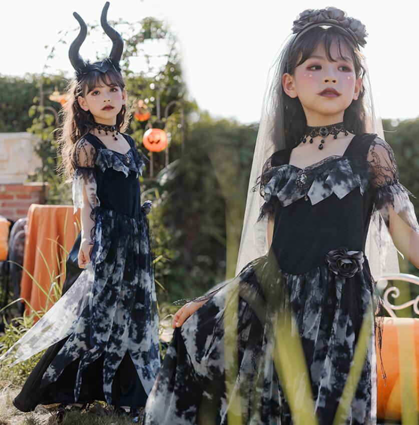 キッズ子供服 ハロウィン仮装 コスプレ衣装 ゴシック ワンピース ドレス ロング丈 半袖 ベール付き 魔女 巫女ウィッチ 欧米宮廷風 バンパイア 悪魔 振袖 パーティー 余興 イベント 学園祭文化祭 舞台演出服 Cosplay ブラック 1 150cm 超特価sale開催