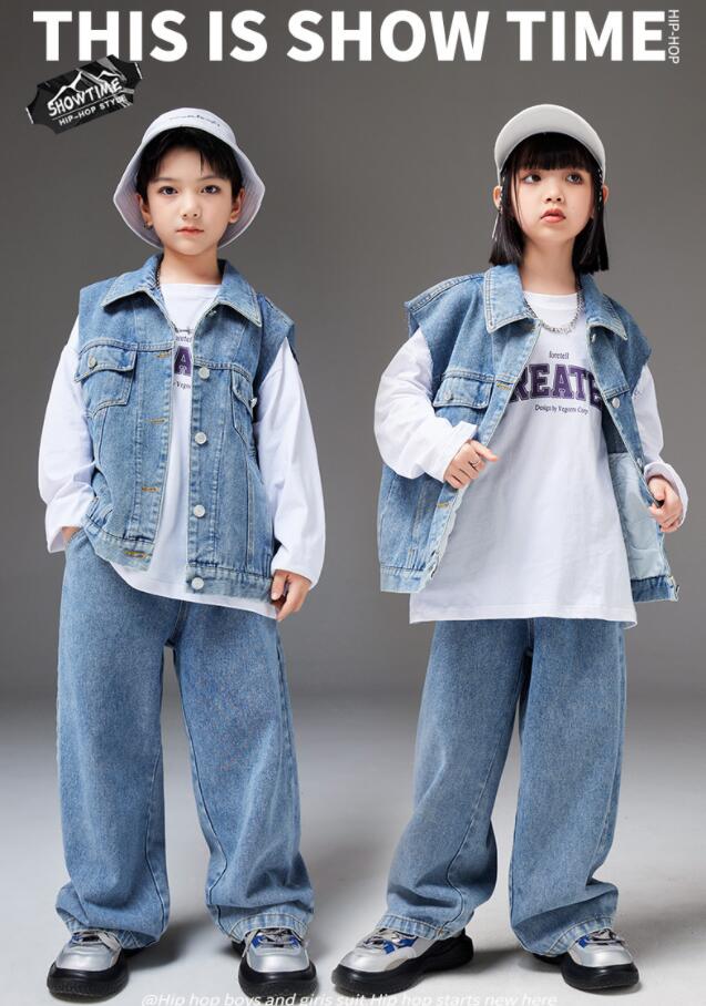 ダンスウェア 上下セットアップ デニムベスト ジーンズ Tシャツ キッズ子供服~ジュニア ジャズダンス衣裳 ヒップホップ 女の子 男の子 大人 男女兼用 hip-hop jazz ストリートダンス モデルショー ステージ舞台演出服団体服 カジュアルウェア 120~180cm