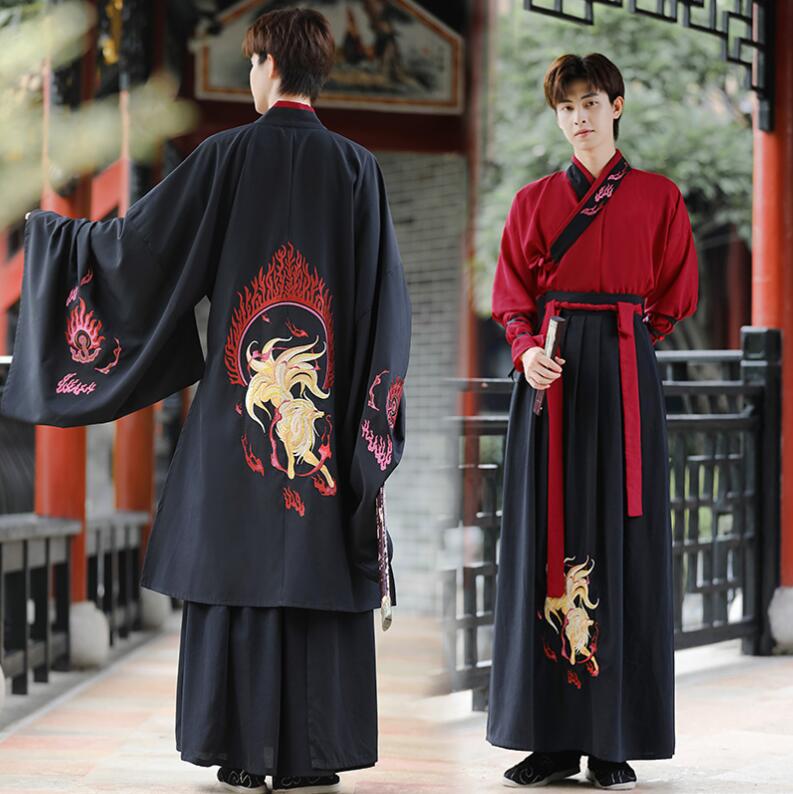 漢服 コスプレ衣装 メンズ 豪華 中華服 大人 ハロウィン衣装 狐 刺繍 チャイナ服 2点セット 3点セット 選択可 交差襟 ブラウス 袴風 スカート 広袖 羽織 イベント 学園祭 時代劇 舞台ステージ衣装 華流 演出服 コスチューム 仮装 変装 赤 黒 S M L XL 2XL 3XL 4XL 5XL