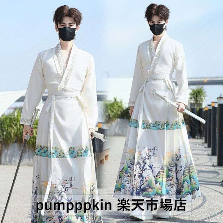 男女兼用 漢服 新作 中華服 上質 改良漢服 ペアルック 男性 女性 イベント 学園祭 侠客衣装 中国古代 中華コスプレ衣装 武術 カンフー 時代劇 華流 舞台ステージ衣装 上下2点セット 交差襟トップス+袴風スカート 大人用 チャイナ服 パーティー変装 写真撮影 白 緑 S~4XL