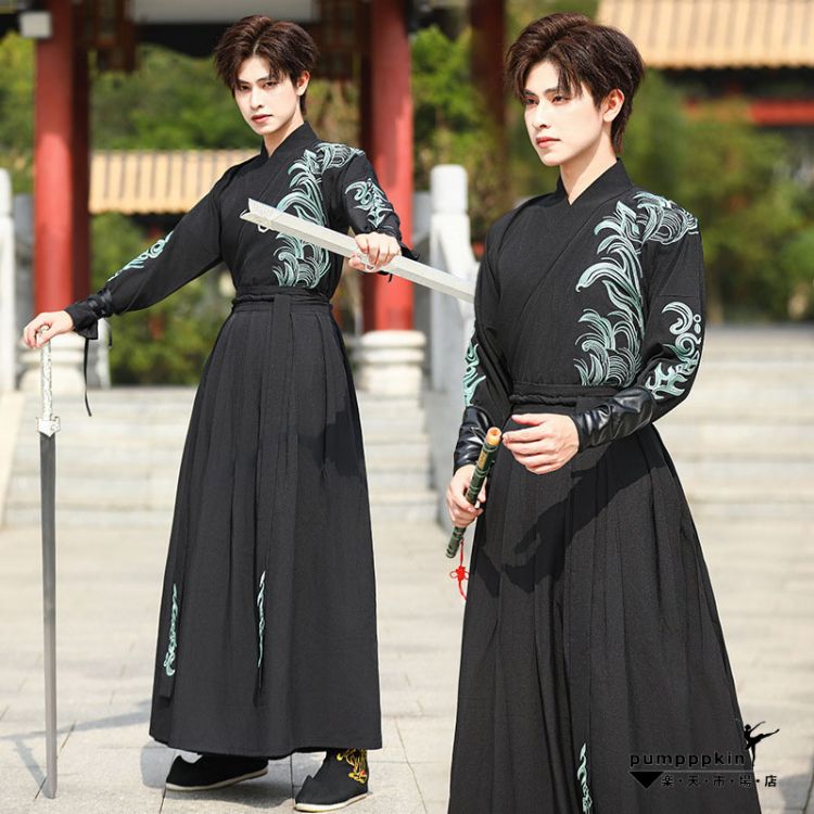 メンズ コスプレ衣装 華流 コスチューム 変装 男性用 黒系 漢服 中華服 大人 舞台ステージ衣装 チャイナ服 上下2~3点セットアップ 長袖 刺繍 交差襟 トップス 巻きスカート 腕カバー イベント 学園祭 文化祭 中国侠客 時代劇 武術 仮装 ブラック S~5XL