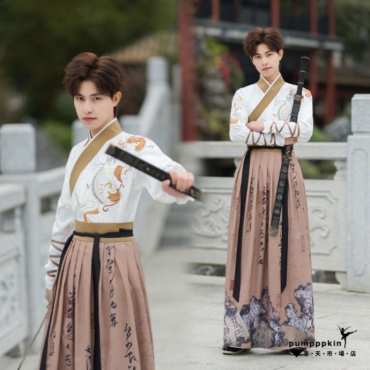 メンズ コスプレ衣装 華流 コスチューム 変装 男性用 漢服 中華服 大人 舞台ステージ衣装 チャイナ服 上下2点セットアップ 長袖 龍 刺繍 交差襟 トップス 巻きスカート 腕の紐 イベント 学園祭 文化祭 中国侠客 時代劇 武術 仮装 ブラック S~5XL
