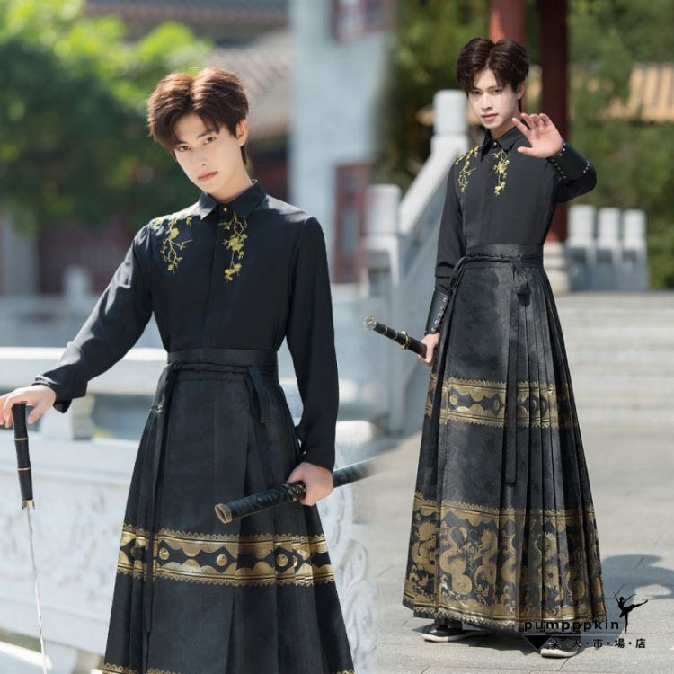 上質 漢服 ペアルック コスプレ衣装 高級感 メンズ レディース 華流 舞台ステージ衣装 コスチューム 変装 中華服 大人 チャイナ服 上下2~3点セット 長袖 刺繍 トップス 龍 柄 巻きスカート 革 腕カバー イベント 学園祭 文化祭 中国侠客 時代劇 カンフー 武術 仮装 黒 S~4XL