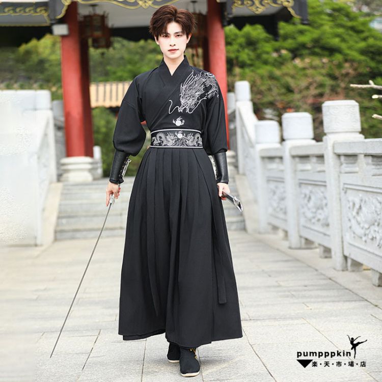 漢服 メンズ コスプレ衣装 華流 コスチューム 変装 男性用 黒系 龍 刺繍 中華服 大人 舞台ステージ衣装 チャイナ服 上下3~4点セットアップ 長袖 交差襟 トップス 巻きスカート 腕カバー イベント 学園祭 文化祭 中国侠客 時代劇 武術 仮装 ブラック S M L XL 2XL 3XL 4XL