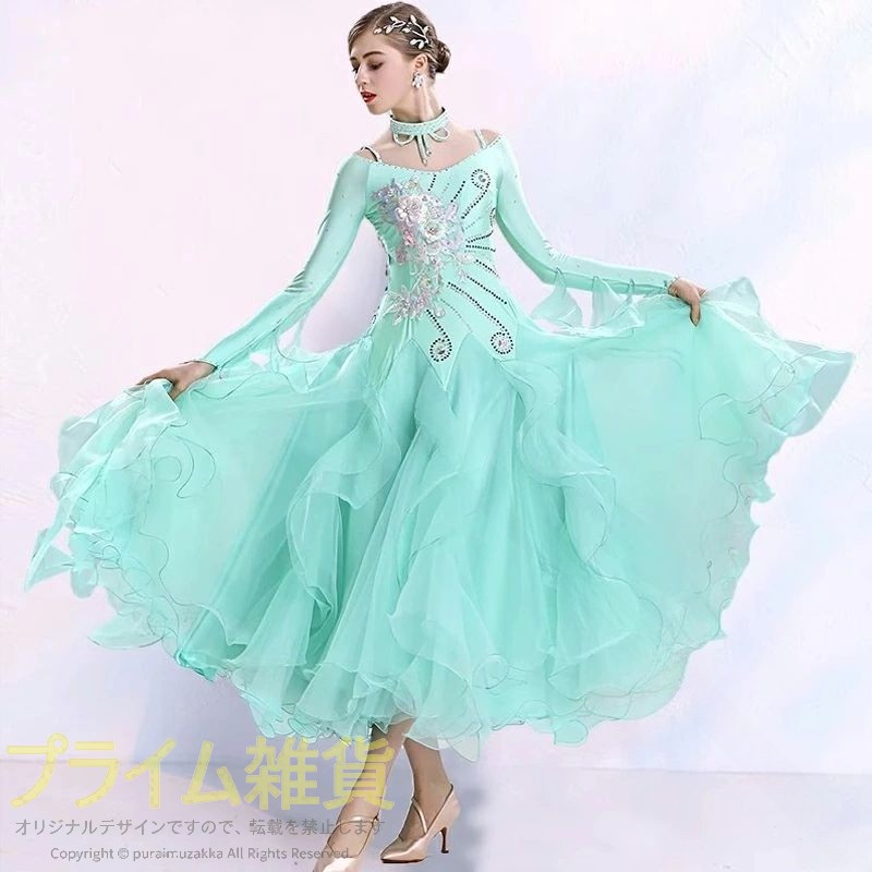 ラテンダンス 競技ドレス スタンダード S M L XL XXL XXXL フレア ドレス ビーズ 花柄 フリル 豪華 高級感 可愛い キレイめ 社交ダンス 舞踏会 発表会 演技用 ダンス衣装 パーティー 衣装 ステ|プライム雑貨