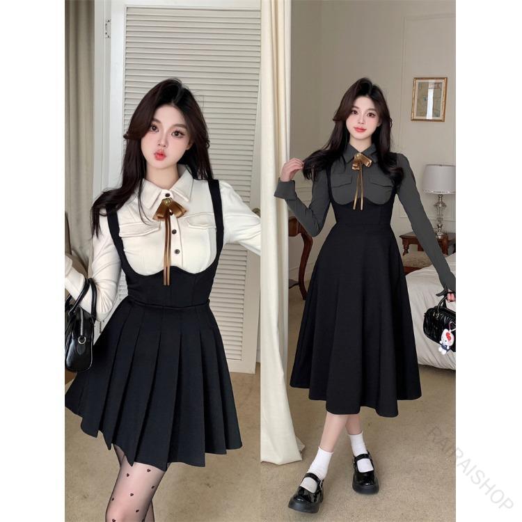 レディース ジャンパースカート ワンピース 大きい サイズ 韓国 風 秋 長袖 ハイウエスト シャツ サスペンダー ドレス グレー