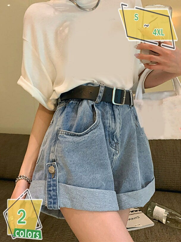 デニム ショートパンツ ショート丈 ハーフパンツ キュロットパンツ ショーパン 短パン 大きいサイズ ハイウエスト ゆったり Aライン ロールアップ カバーアップ 春 夏 レディース