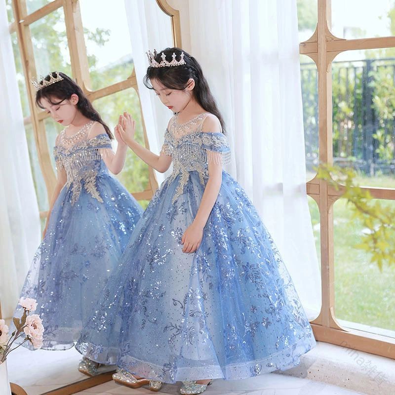 キラキラ御召しもの 洋琴告げ知らせる会御召しもの 掻きならす会御召しもの ロング 赤ちゃん御召しもの 御嬢さん御召しもの キッズドレス フォーマル 青み 110~160糎 スパンコール フリンジ 好いたらしい キレイめ 公演服 ちびっ子御召しもの