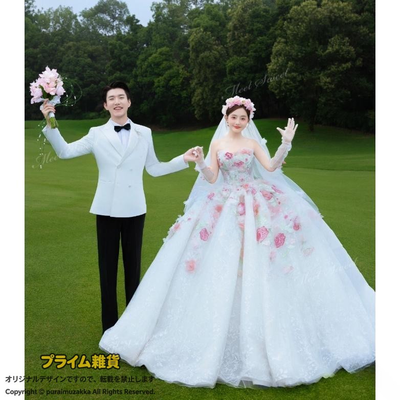 ウェディングドレス カラードレス ホワイト 花柄 フラワー ベアトップ パーティードレス 二次会 結婚式 発表会 演奏会 ブライダルドレス 花嫁ドレス ドレス 婚礼衣装 花嫁衣裳 披露宴ド｜プライム雑貨