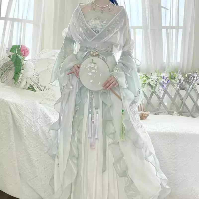 漢服 春夏 刺繍 大袖 襦裙 齊腰 セット 古風 ポリエステル 合成繊維 レース ネット 素材 軽やか デザイン かわいい スタイル イベント 普段使い