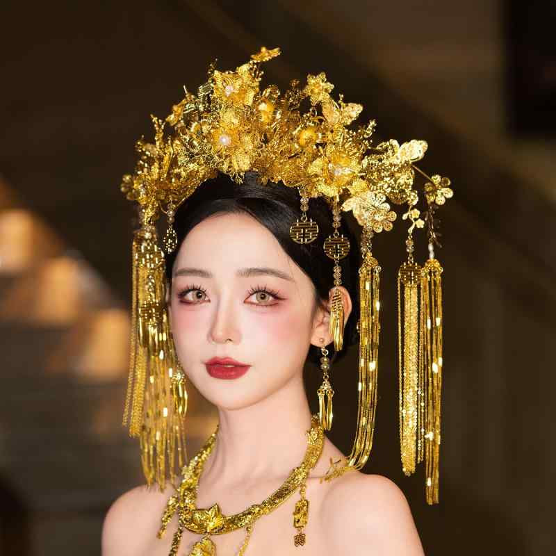 髪飾りつけ 鳳冠 金 長流蘇 頭を覆う物 イヤークリップ 添え物 御芽出度 御芽出度 お嫁さん レトロ アロイ 明かりメッキ産業 手作り 御膳上等感 大型 龍鳳