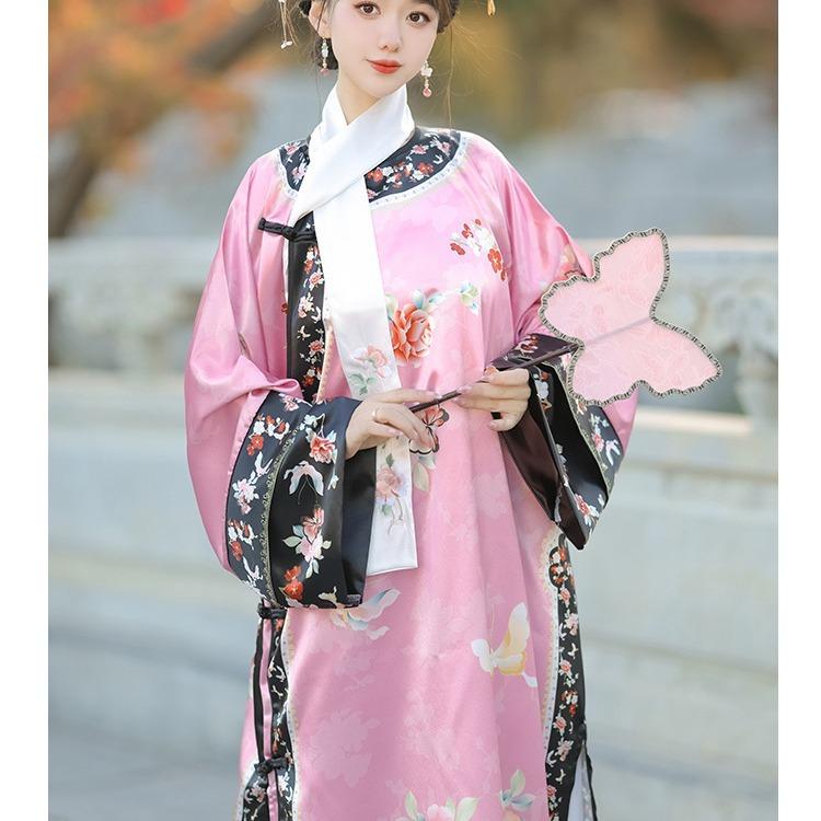 チャイナドレス レディース 秋冬 清朝 宮廷風 漢服 国風 スタイル ポリエステル 刺繍 領巾 紐 プリント 伝統 衣装 イベント コスプレ 赤 紫 ピンク