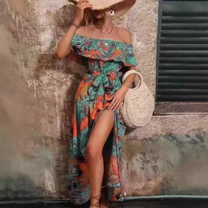 ワンピース レディース オフショルダー フリル ロングドレス フレア ノースリーブ バックレス ドローストリング 腰ベルト 花柄 春夏 イエロー オレンジ グリーン