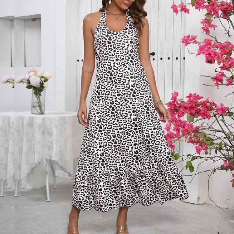 ワンピース レディース ヒョウ柄 プリント Vネック ハルターネック バックレス セクシー ロングドレス ペンシル ミドルウエスト 無袖 春