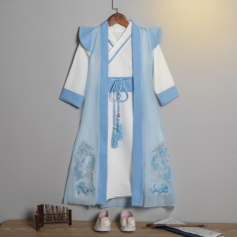 唐装 男の子 キッズ 漢服 古装 国学服 青 ポリエステル セット 春夏 演出衣装 古風 スタイル