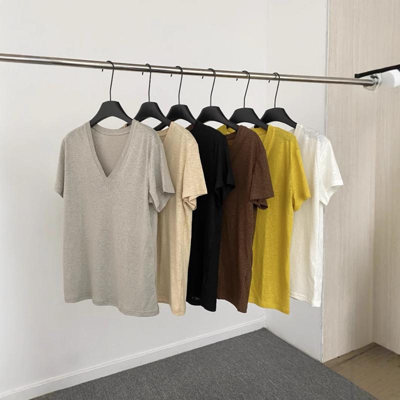 Tシャツ トップス レディース 半袖 Vネック ルーズ 麻混紡 無地 夏 通気性 軽量 薄手 韓国スタイル シンプル 森系 ナチュラル カジュアル 普段使い 黒 白 グレー