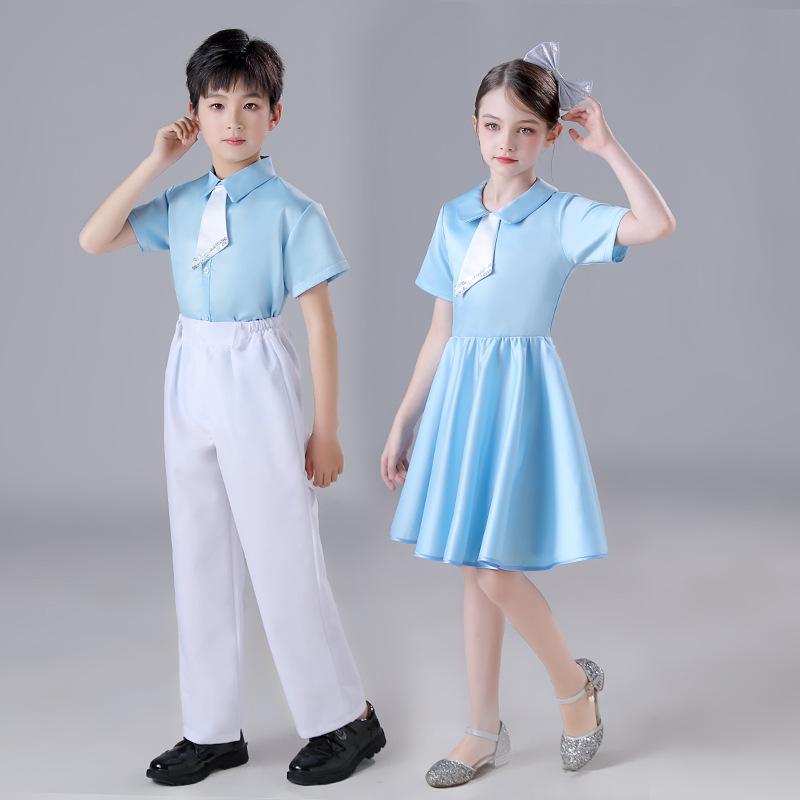 合唱服 子供 男の子 女の子 ステージ衣装 礼服 パフォーマンス 朗読 チュールスカート 半袖 長ズボン 青 かわいい フォーマル 普段使い 小中学生向け 軽量 伸縮性