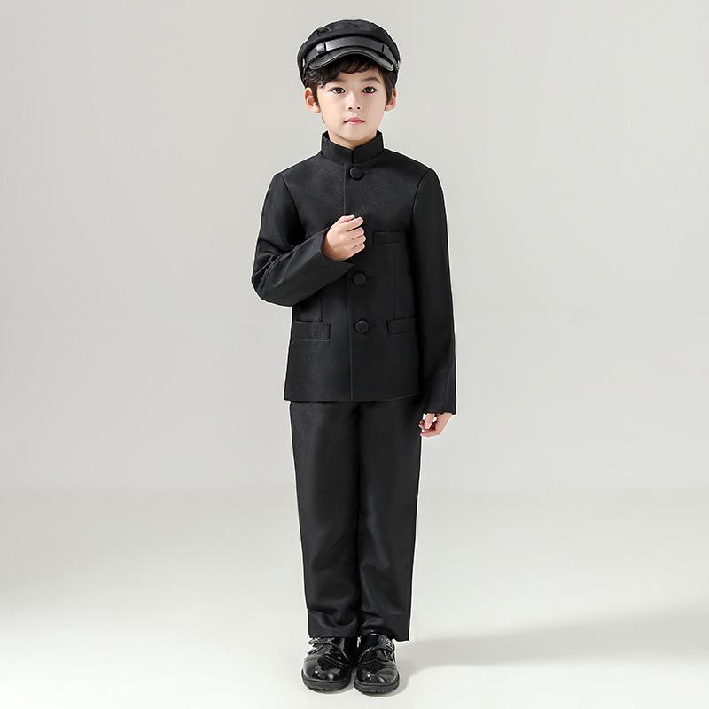 キッズ 中山装 男の子 民国風 おしゃれ 学生服 朗読服 合唱服 子供の日 パフォーマンス 演出服 五四青年装 中国風 ダンス服 民族舞踊 ステージ衣装 黒 白 かわいい ビロン繊維