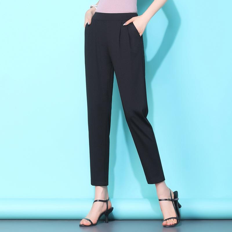 パンツ レディース ハーレムパンツ ハイウエスト ニーパンツ 春夏 薄手 カジュアル ビッグサイズ ゆったり 黒 ネイビー ポリエステル混紡 ストレッチ 普段使い