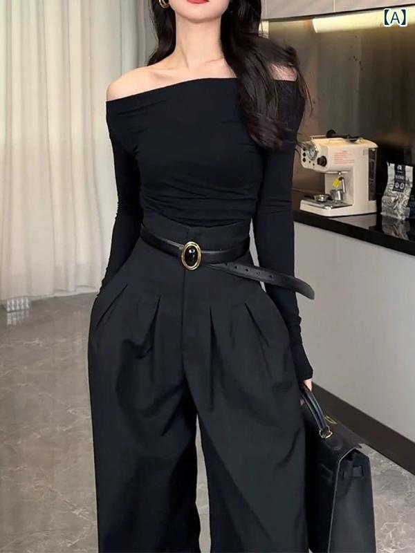 セットアップ レディース オフショルダー ロングスリーブ 切り替え ワイドパンツ 黒 コットン混紡 伸縮性 高級感 エレガント スタイリッシュ 通勤 カジュアル 普段使い 秋