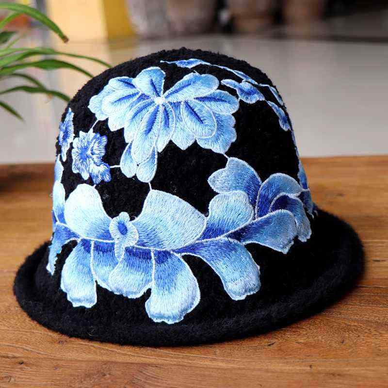 フィッシャーマン帽 秋冬 保暖 刺繍 丸頂 短檐 黒 羊毛 防風 遮陽 外出 エスニック風 青花柄 暖か アクセサリー