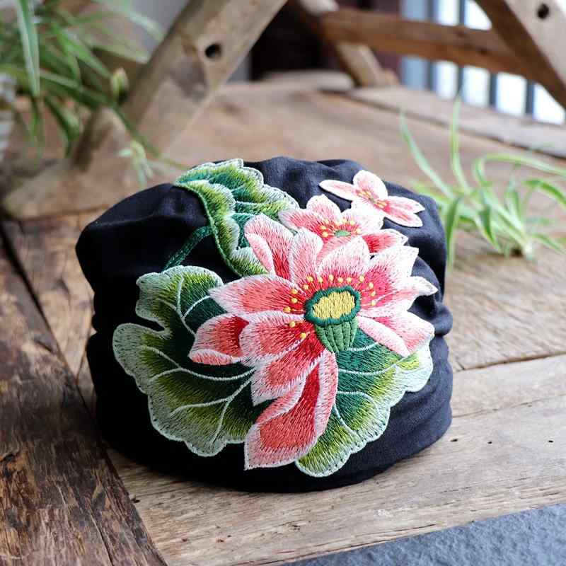 帽子 レディース 綿 蓮花刺繍 エスニック 花柄 デザイン カジュアル ヘッドラップ ヘッドスカーフ ターバン風 オールシーズン 薄手 素材 普段使い