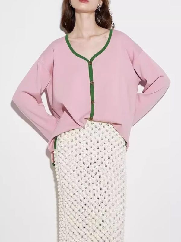 ニット カーディガン レディース Vネック 長袖 ピンク グリーン ツートン 切り替え ゆったり シルエット スリム 見え 秋冬 ポリエステル スパンデックス 混紡 中厚 カジュアル スタイル 普段使い おしゃれ トップス