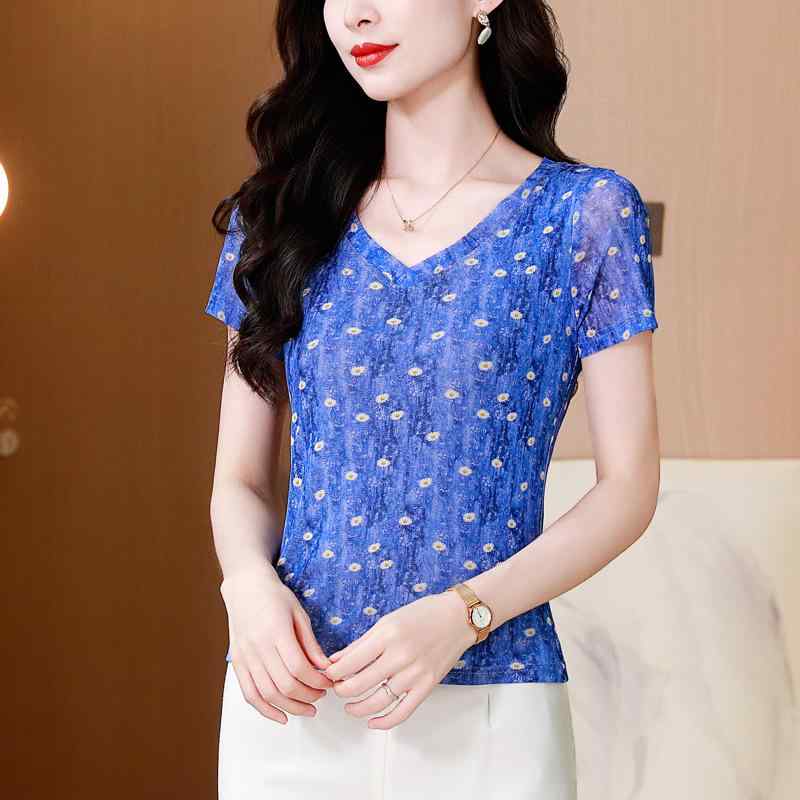 Tシャツ レディース Vネック 半袖 メッシュ 花柄 プリント インナー 夏 おしゃれ 普段使い スリムフィット ビッグサイズ カジュアル
