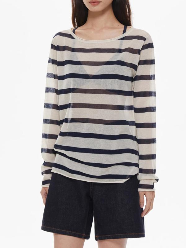 Tシャツ レディース 夏 長袖 ストライプ シースルー ルーズ ロールエッジ UVカット ポリエステル 切り替え クルーネック カジュアル ゆったり 普段使い アウトドア