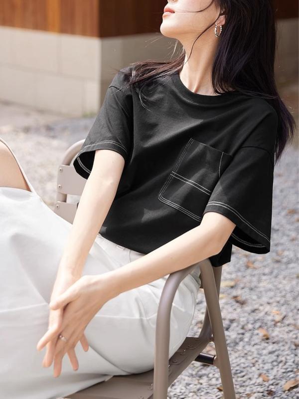 Tシャツ レディース 半袖 ゆったり 切り替え 白 黒 夏 カジュアル トップス 普段使い ルーズフィット クルーネック デザイン