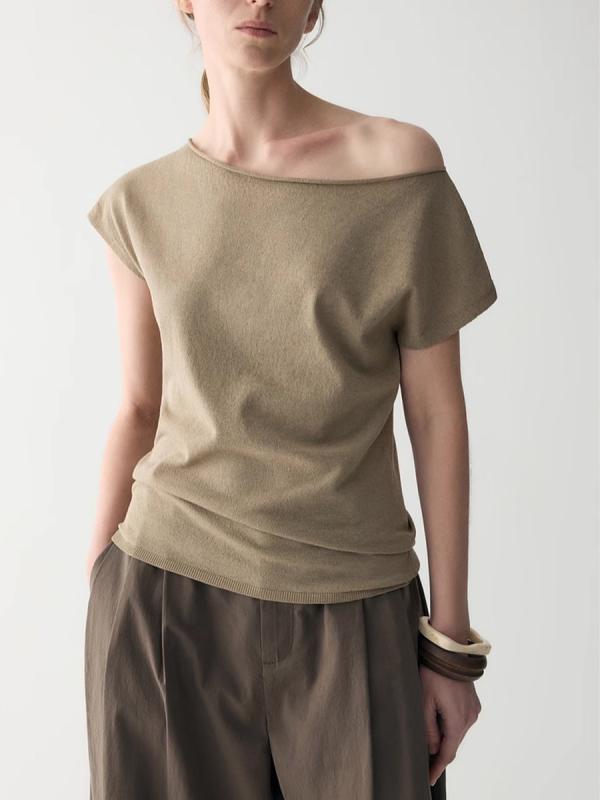 Tシャツ レディース 夏 半袖 ニット プルオーバー ルーズ クルーネック 切り替え 無地 テンセル リネン トップス カジュアル 普段使い グリーン 白 黒