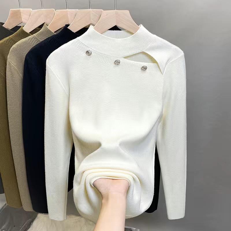 セーター レディース 半高領 長袖 ニット ショート丈 ルーズフィット 透かし編み ボタン プリーツ ウェーブ 切り替え リブ デザイン 秋冬 厚手 ポリエステル 無地 黒 白 ブラウン カジュアル 普段使い