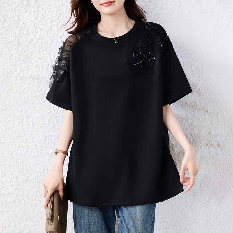 Tシャツ レディース クルーネック メッシュ ビーズ 切り替え 黒 コットン 半袖 カジュアル シンプル 普段使い スリム ビッグサイズ ミドル丈