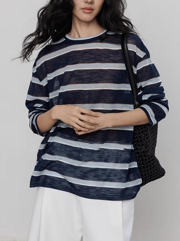 Tシャツ レディース 長袖 丸首 ストライプ 柄 UVカット 薄手 ゆったり 切り替え 夏 ネイビー ポリエステル カジュアル 普段使い トップス