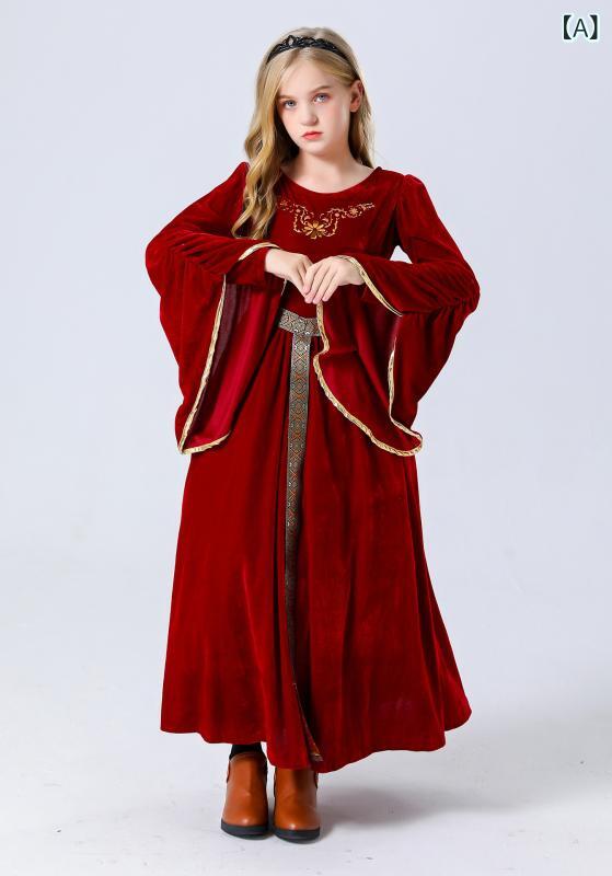 ドレス 女の子 中世宮廷 コスプレ ハロウィン 貴族風 ベルベット フレアスリーブ ロングスカート ステージ衣装 ファンタジー 赤 青 夏 かわいい スイート