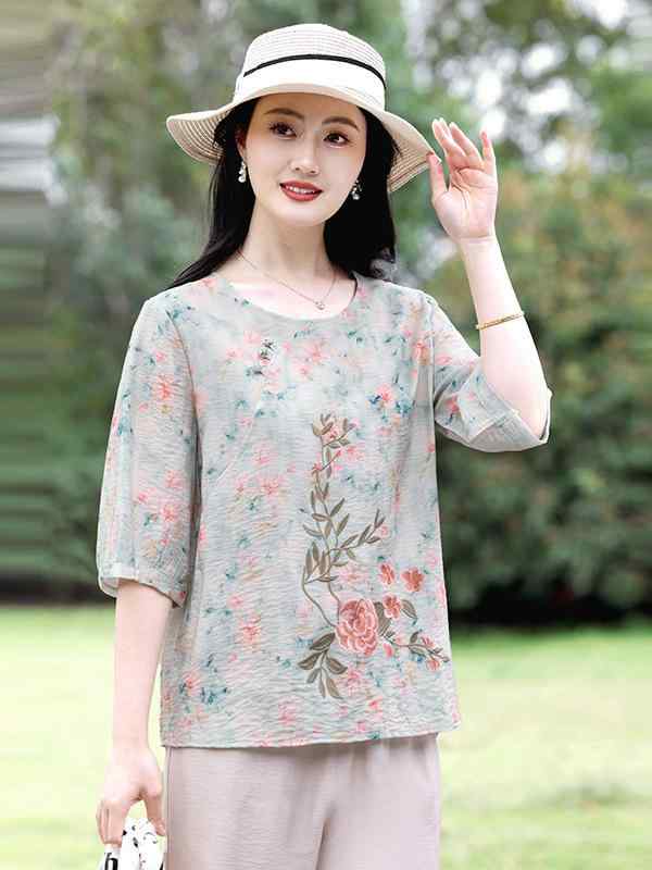 Tシャツ レディース ブラウス ゆったり 花柄 立体 プリント ラウンドネック 中袖 ミドル丈 プルオーバー エスニック風 レトロ風 夏 カジュアル 普段使い 若見え 芸術的 赤 緑