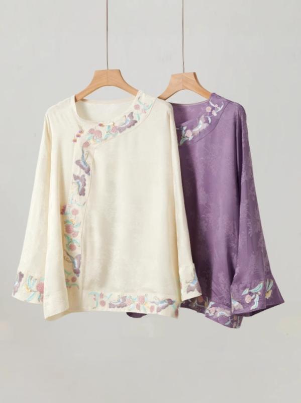 Tシャツ レディース 中国風 刺繍 長袖 プルオーバー ルーズフィット 丸領 植物花柄 春夏 レトロ 斜め襟 高級感 ジャカード織り柄 3D立体パターン 紫 オフホワイト イエロー