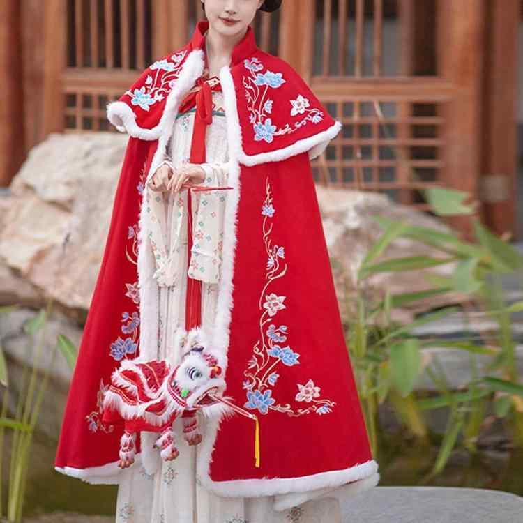 ショール レディース 秋冬 ロング丈 厚手 裏起毛 暖か 防寒 漢服 刺繍 古風 ケープ ポリエステル 赤 黄色 紐 おしゃれ
