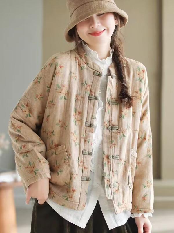コート レディース ボヘミアン 中国風 綿麻 花柄 植物プリント レトロ スタンドカラー フロッグボタン 冬 厚手 長袖 ポケット イエロー ピンク ブルー 普段使い おしゃれ