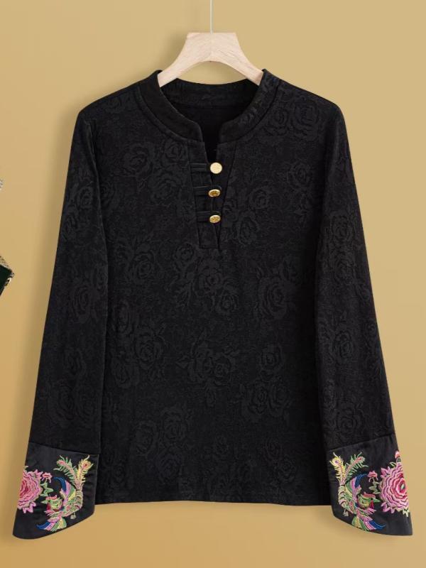 インナー レディース 中国風 刺繍 長袖 トップス 秋冬 薄起毛 暖か ジャカード織り 織柄 気品 レトロ 丸首 伸縮性 軽量 標準袖 標準 フィット 標準丈 アイボリー ブラック 普段使い