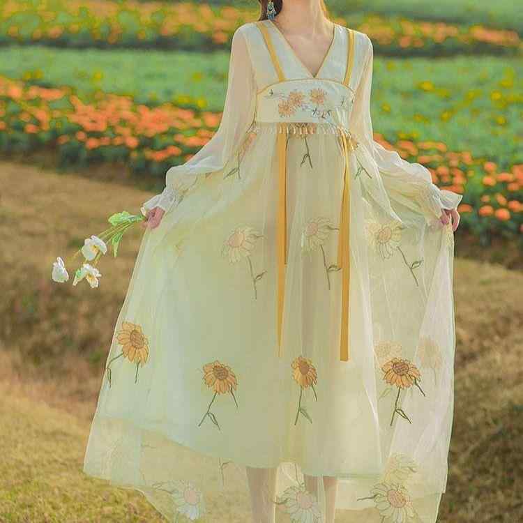 ワンピース レディース 中国風 刺繍 漢服風 中長 Aライン Vネック 長袖 高腰 系帯 レトロ 網紗 チュール 冬 ポリエステル ベージュ オフホワイト アイボリー かわいい 普段使い おしゃれ 軽量 伸縮性