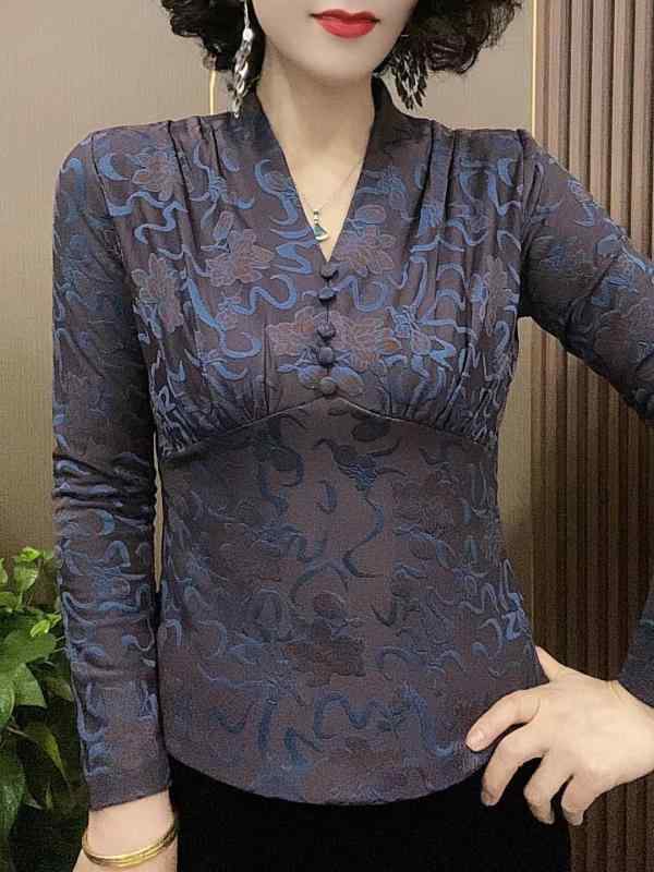 インナー レディース 秋冬 薄手 長袖 Vネック ジャカード柄 スリム スタイリッシュ 若々しい エレガント ママ服 シンプル 日韓 カジュアル ストレッチ 赤 青 普段使い