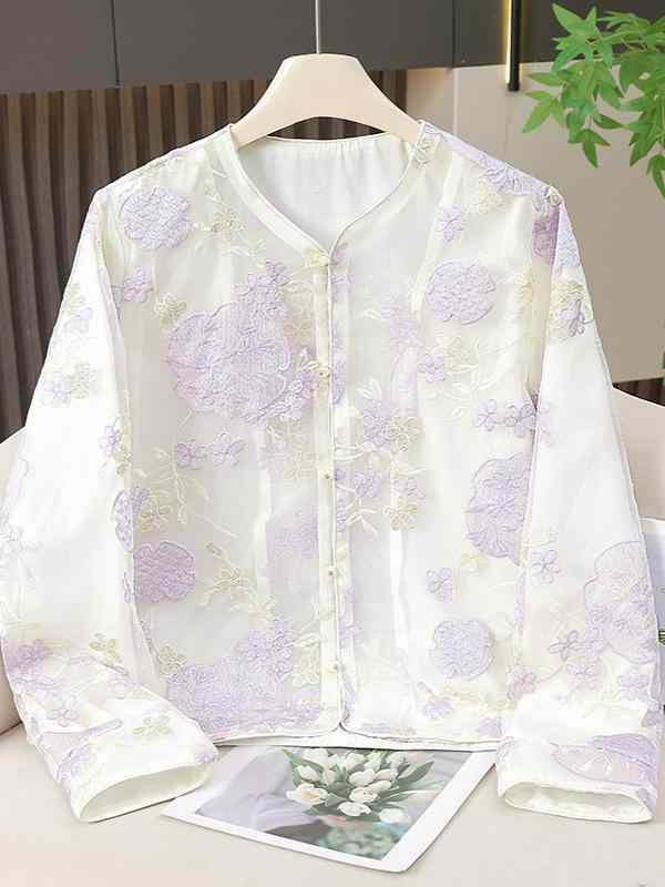 カーディガン レディース おしゃれ かわいい 長袖 刺繍 中国風 薄手 軽やか 春夏 紫 緑 円領 ボタン 前開き レトロ エレガント スリム 若々しい 小柄 3D 立体 芸術的 普段使い