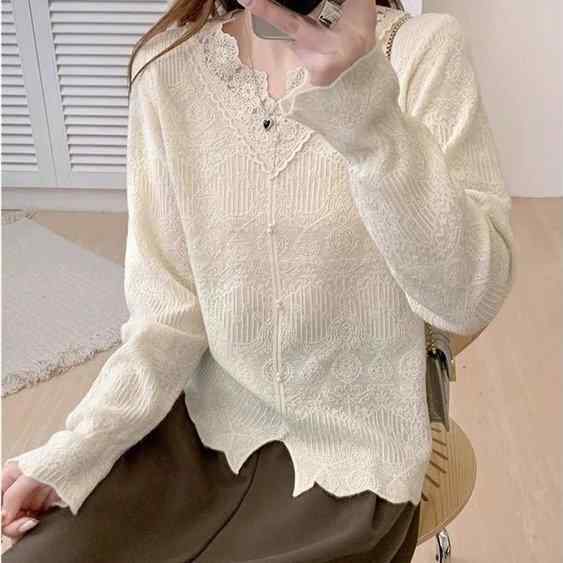 ニットトップス レディース フランス風 Vネック レース 花辺 長袖 プルオーバー ゆったりシルエット 通勤 エレガント 春 ポリエステル混 アイボリー ピンク 透け感