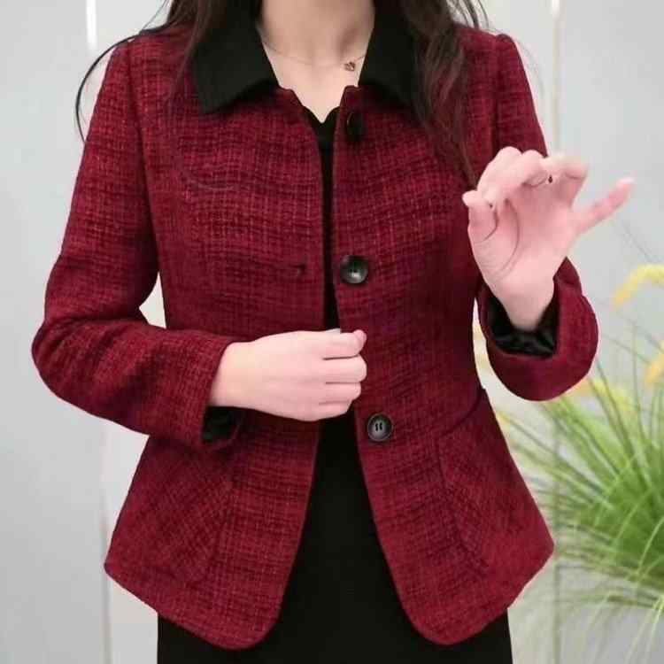 ジャケット レディース ショート テーラード 長袖 ラペル シングル ブレスト ボタン 通勤 気質 上品 優雅 エレガント スリム ワインレッド 秋