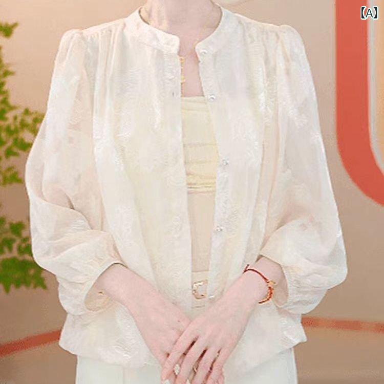 カーディガン レディース 春夏 中国風 ジャカード柄 薄手 オーバーサイズ 7分袖 ラウンドネック フロントボタン ミドル丈 通勤 エレガント 軽量 リラックス ベージュ